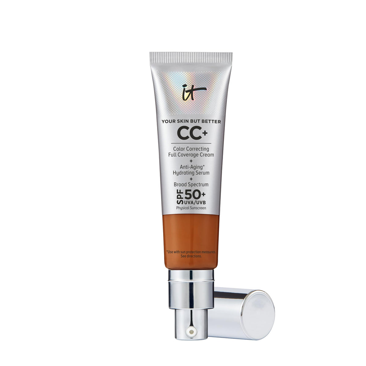 IT Cosmetics CC+ Cream Rich Honey tube closeup showing premium full coverage for evening skin tone