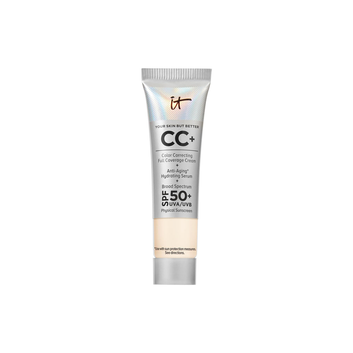 IT Cosmetics CC+ Cream travel bottle closeup for on-the-go coverage