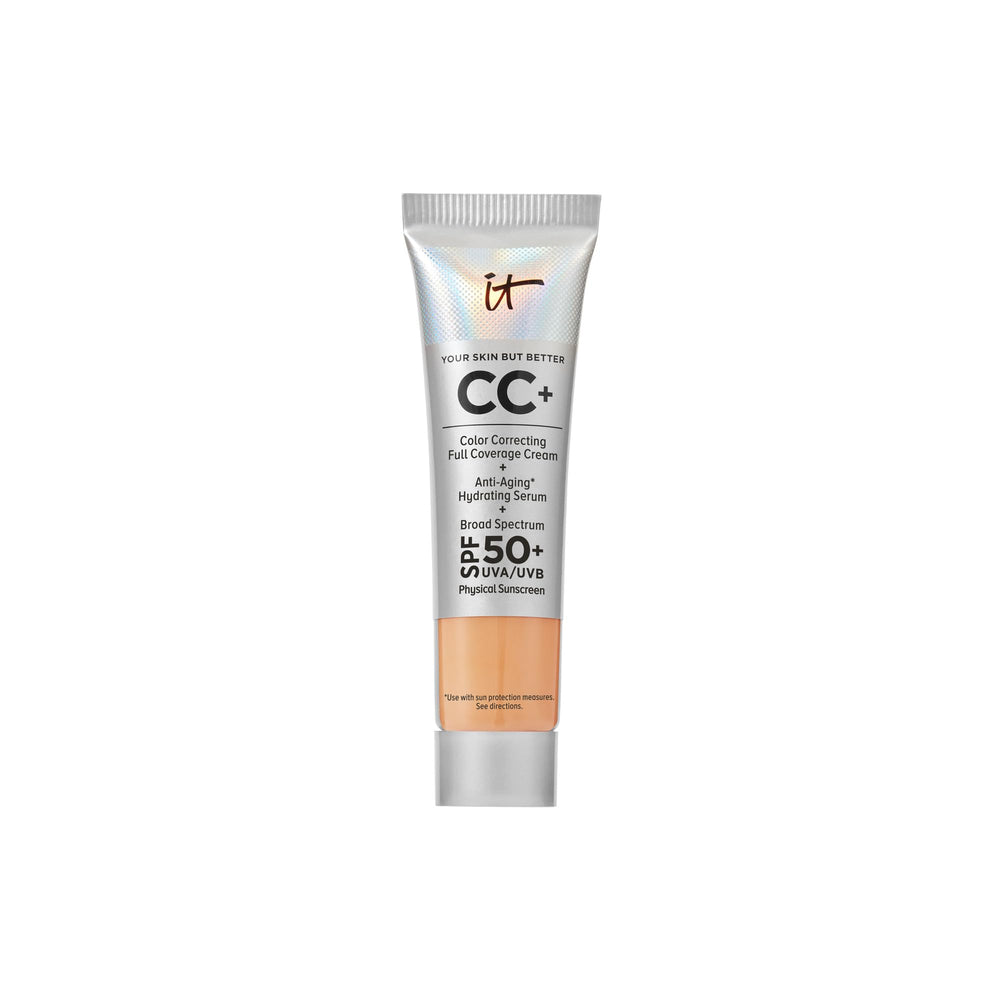 IT Cosmetics CC+ Cream Travel bottle pump offers full coverage with SPF 50+ for on the go skin protection
