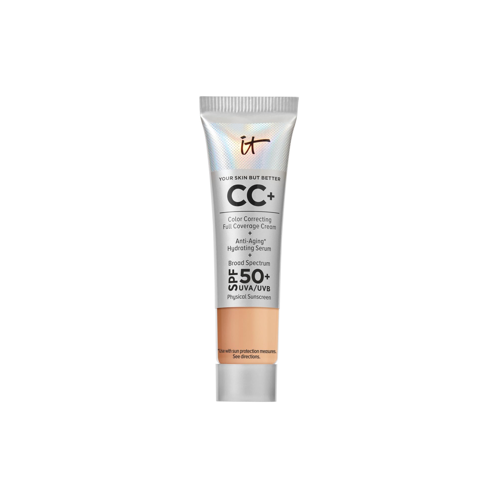 it cosmetics cc+ cream travel compact swatch in neutral medium for seamless hydrated coverage.