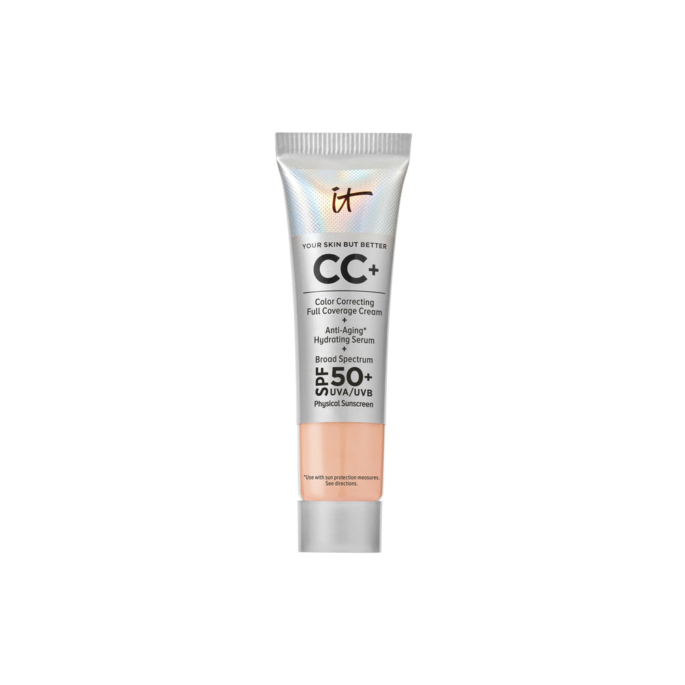 IT Cosmetics CC+ Cream Travel bottle close-up shows portable SPF 50+ protection.