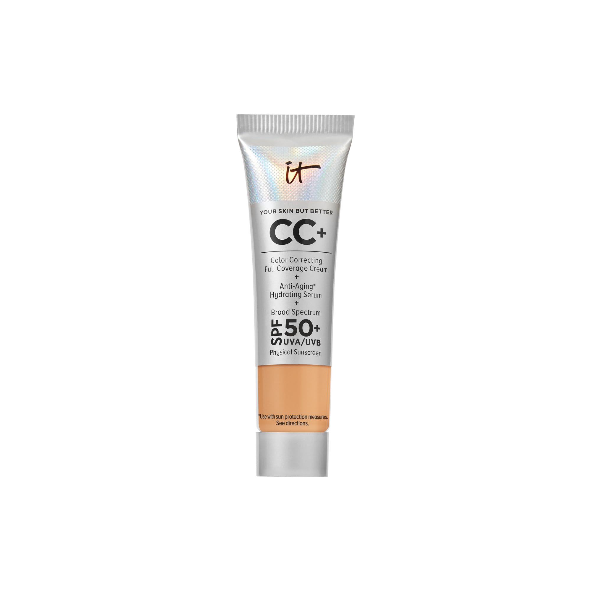 IT Cosmetics CC+ Cream Travel Tan Warm bottle shows full coverage and SPF 50+.