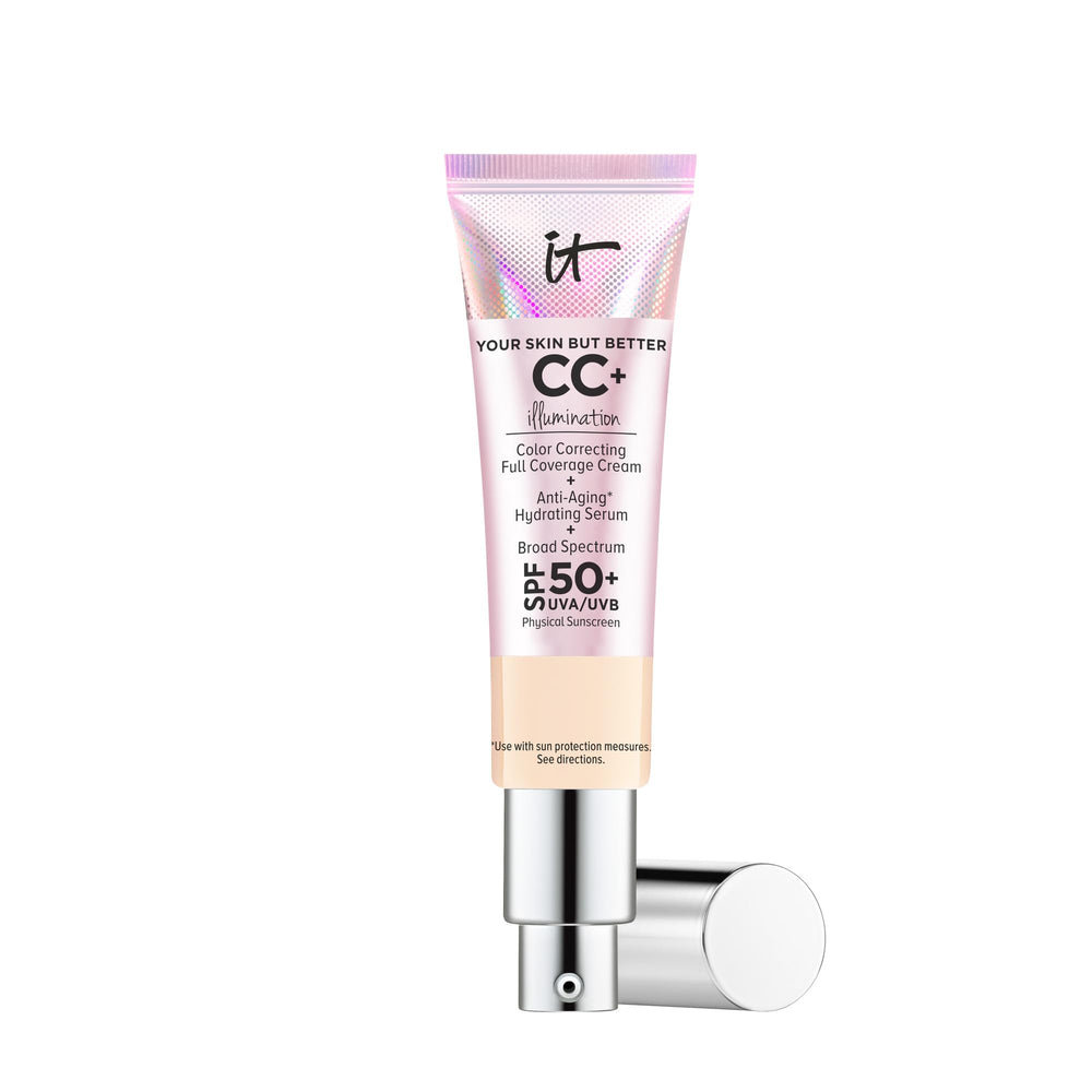 IT Cosmetics CC+ Cream Illumination bottle-pump shows radiant full-coverage finish for everyday wear