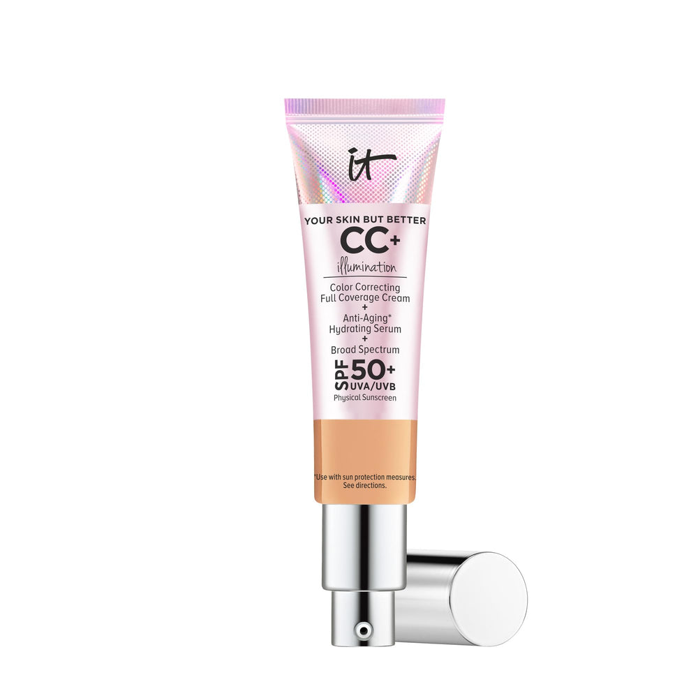 IT Cosmetics CC+ Illumination bottle pump showcases full coverage with radiant glow.