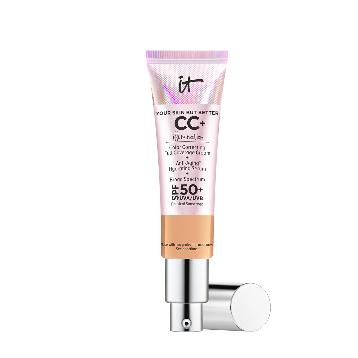 IT Cosmetics CC+ Illumination bottle pump showcases full coverage with radiant glow.
