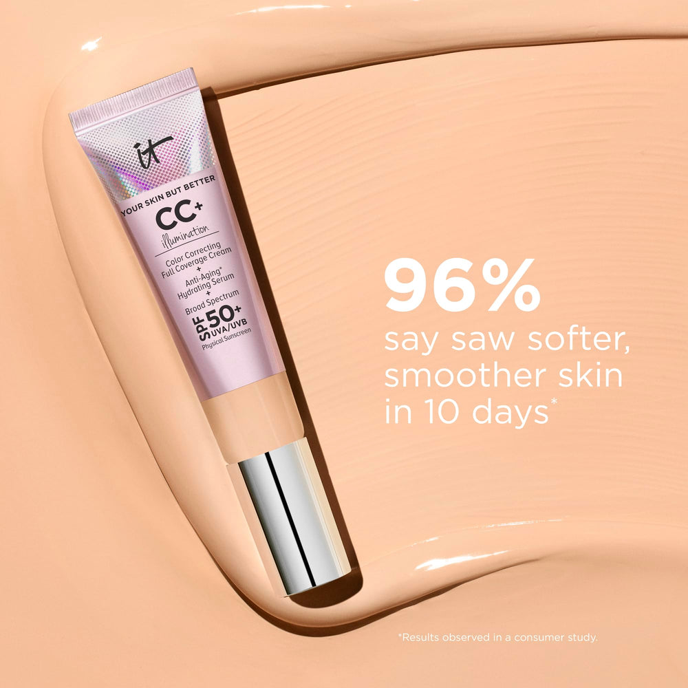 IT Cosmetics CC+ Illumination SPF 50 symbol suggests reliable sun protection during wear.