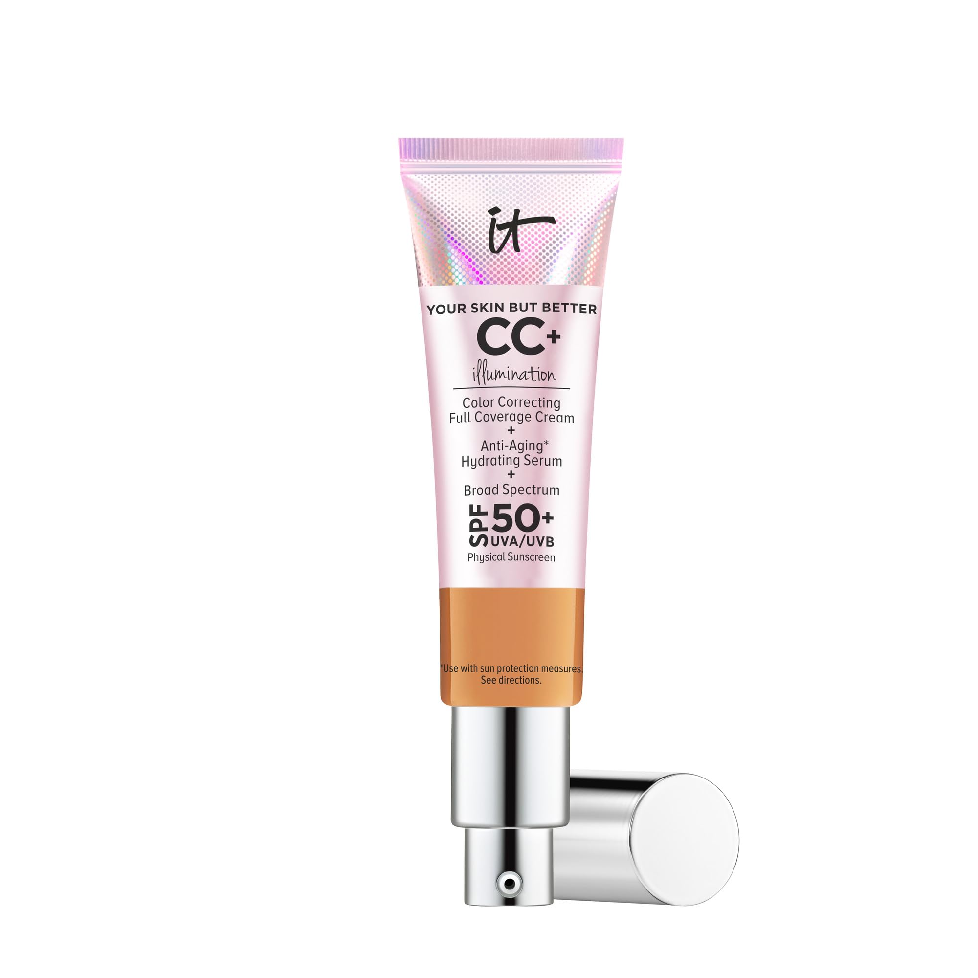 IT Cosmetics CC+ Illumination Tan bottle shows full coverage and SPF 50+ protection.