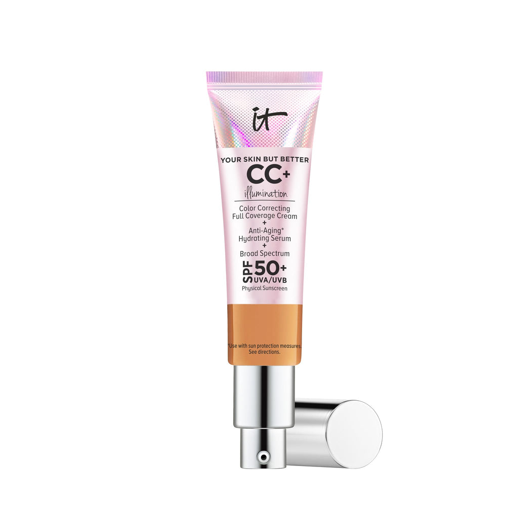 IT Cosmetics CC+ Illumination Tan bottle shows full coverage and SPF 50+ protection.