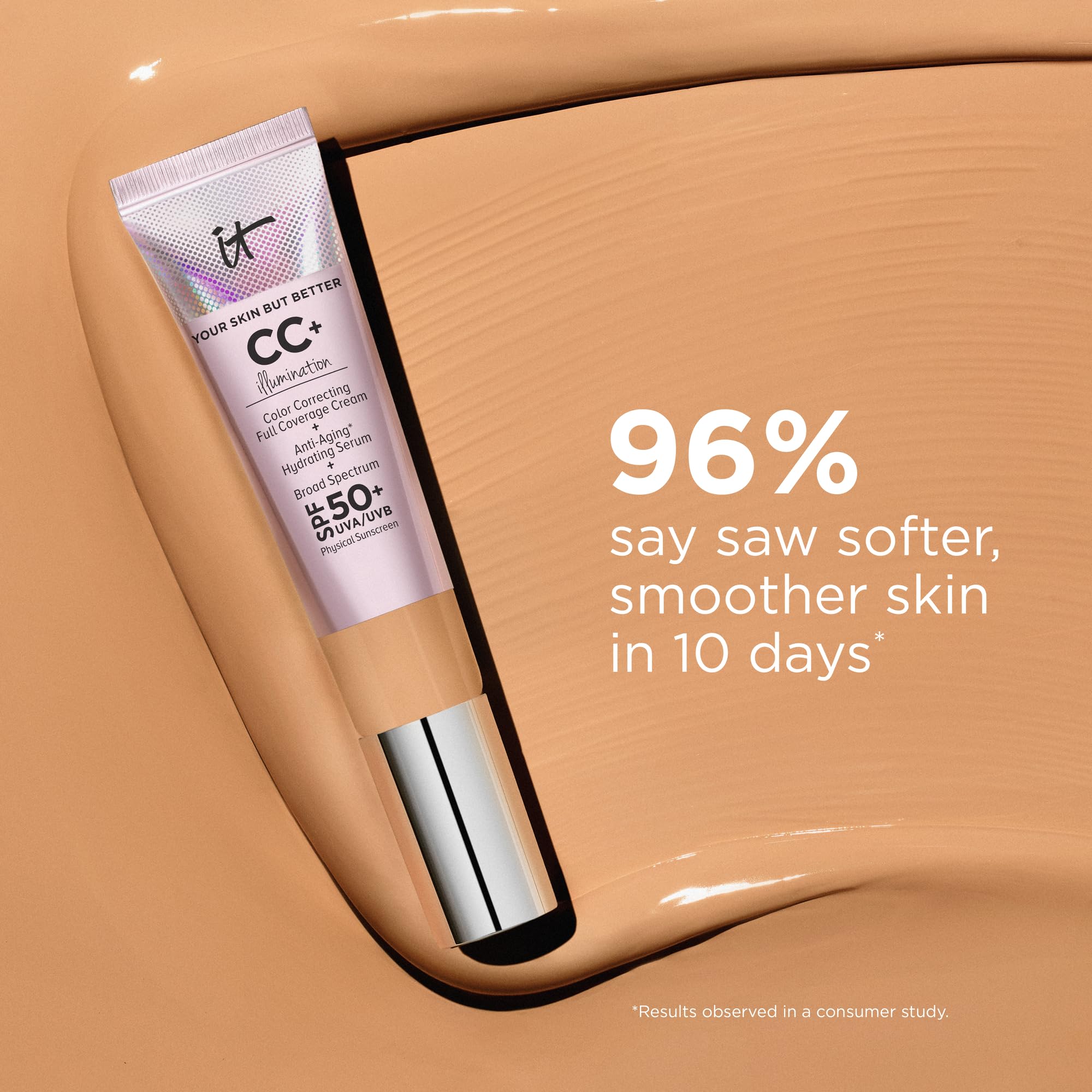 IT Cosmetics CC+ Illumination Tan packaging box presents premium, hypoallergenic makeup base.
