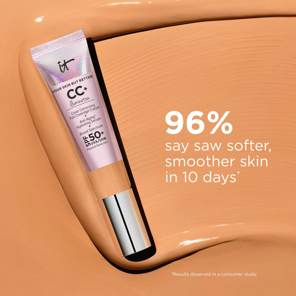 IT Cosmetics CC+ Illumination Tan packaging box presents premium, hypoallergenic makeup base.