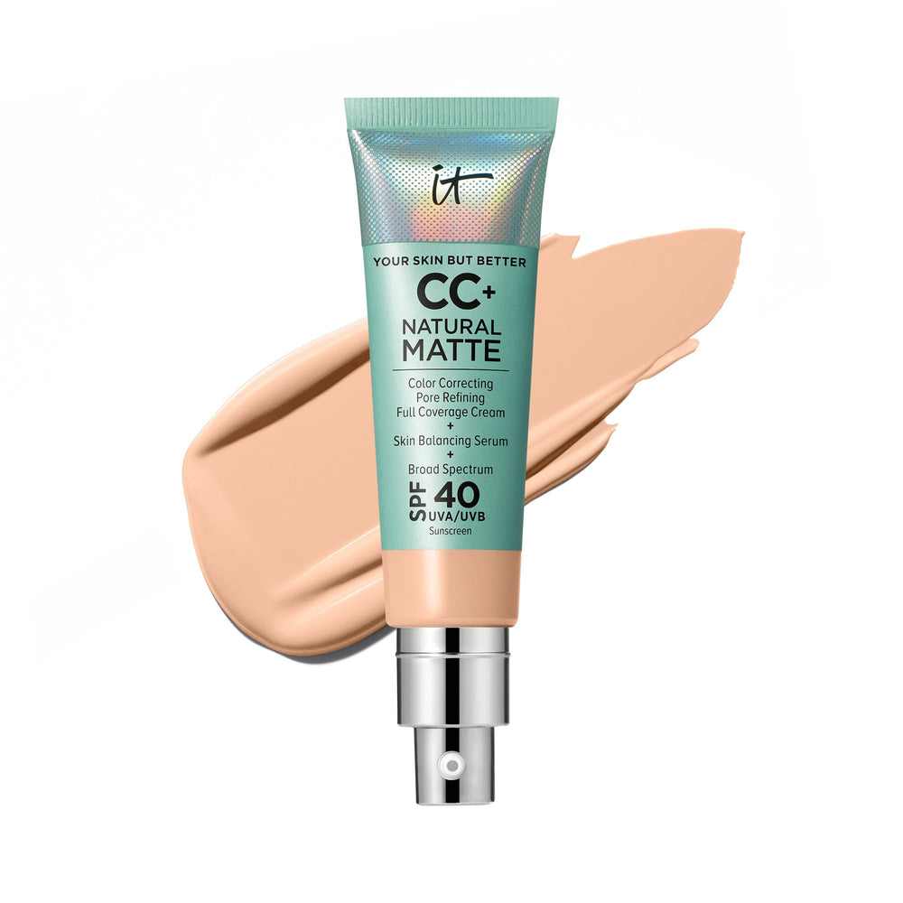 IT Cosmetics CC+ Cream Natural Matte bottle close-up showing pore-blurring shine control