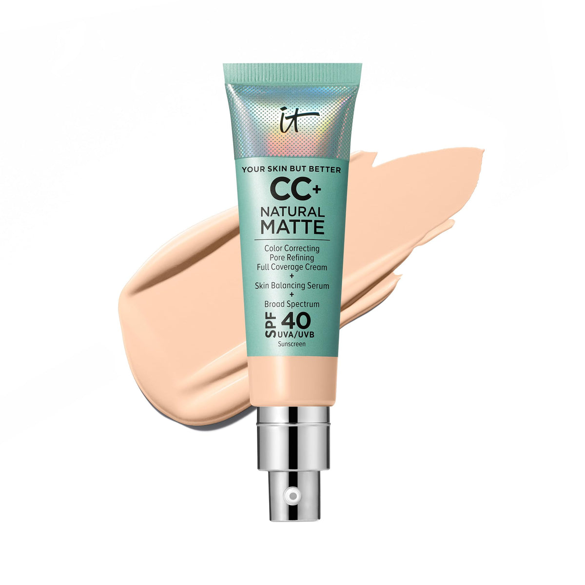IT Cosmetics CC+ Natural Matte SPF40 bottle demonstrates oil control