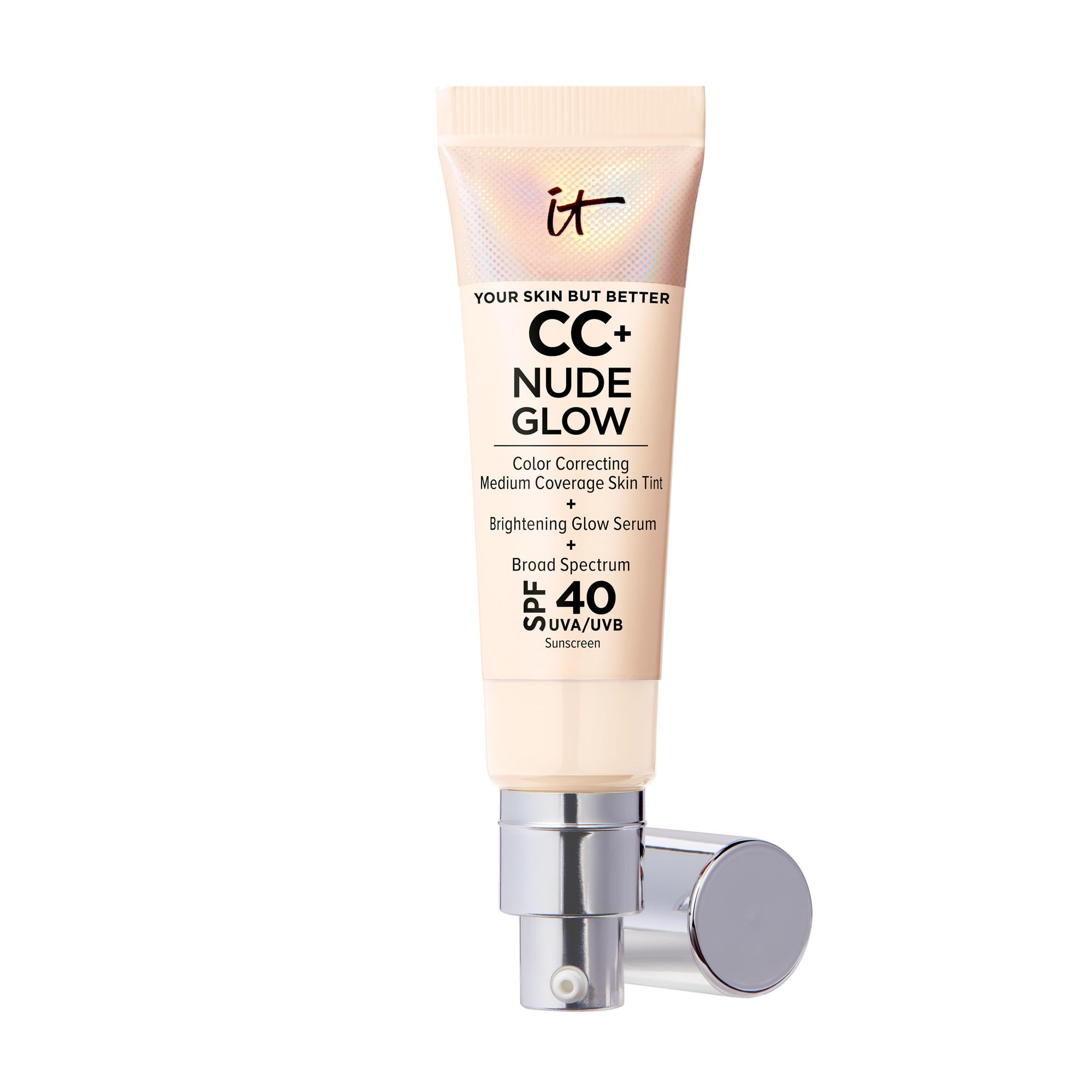 IT Cosmetics CC+ Nude Glow fair ivory bottle close-up showing lightweight medium coverage with SPF 40