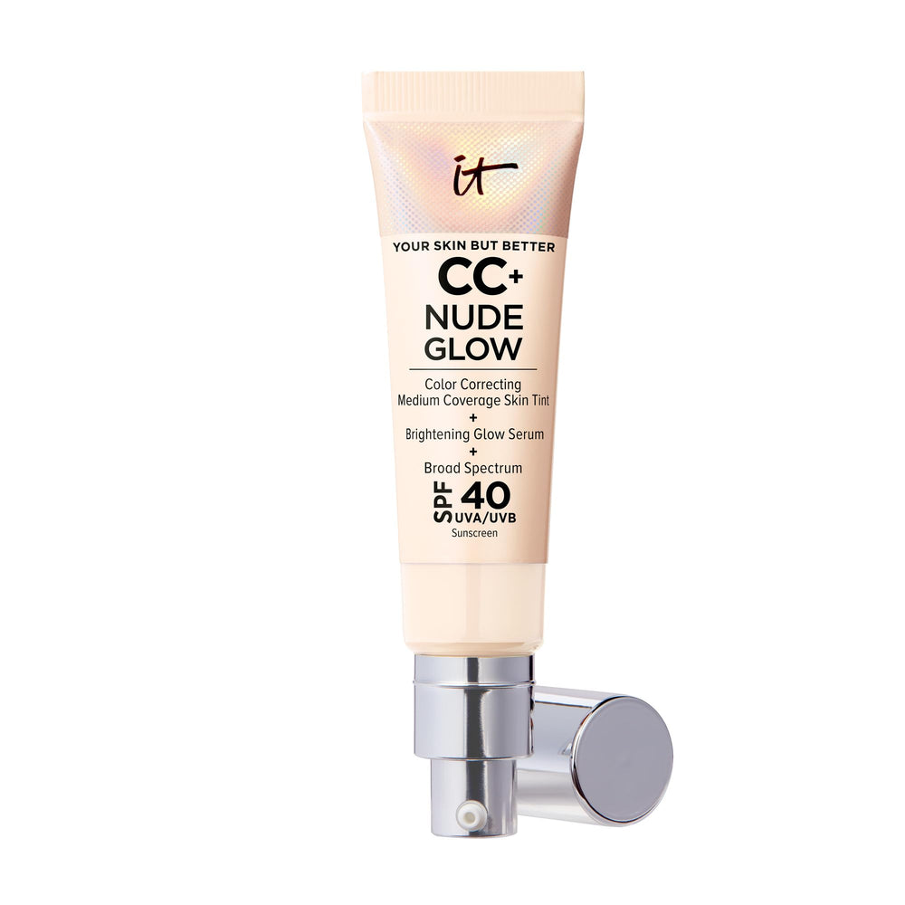 IT Cosmetics CC+ Nude Glow fair ivory bottle close-up showing lightweight medium coverage with SPF 40