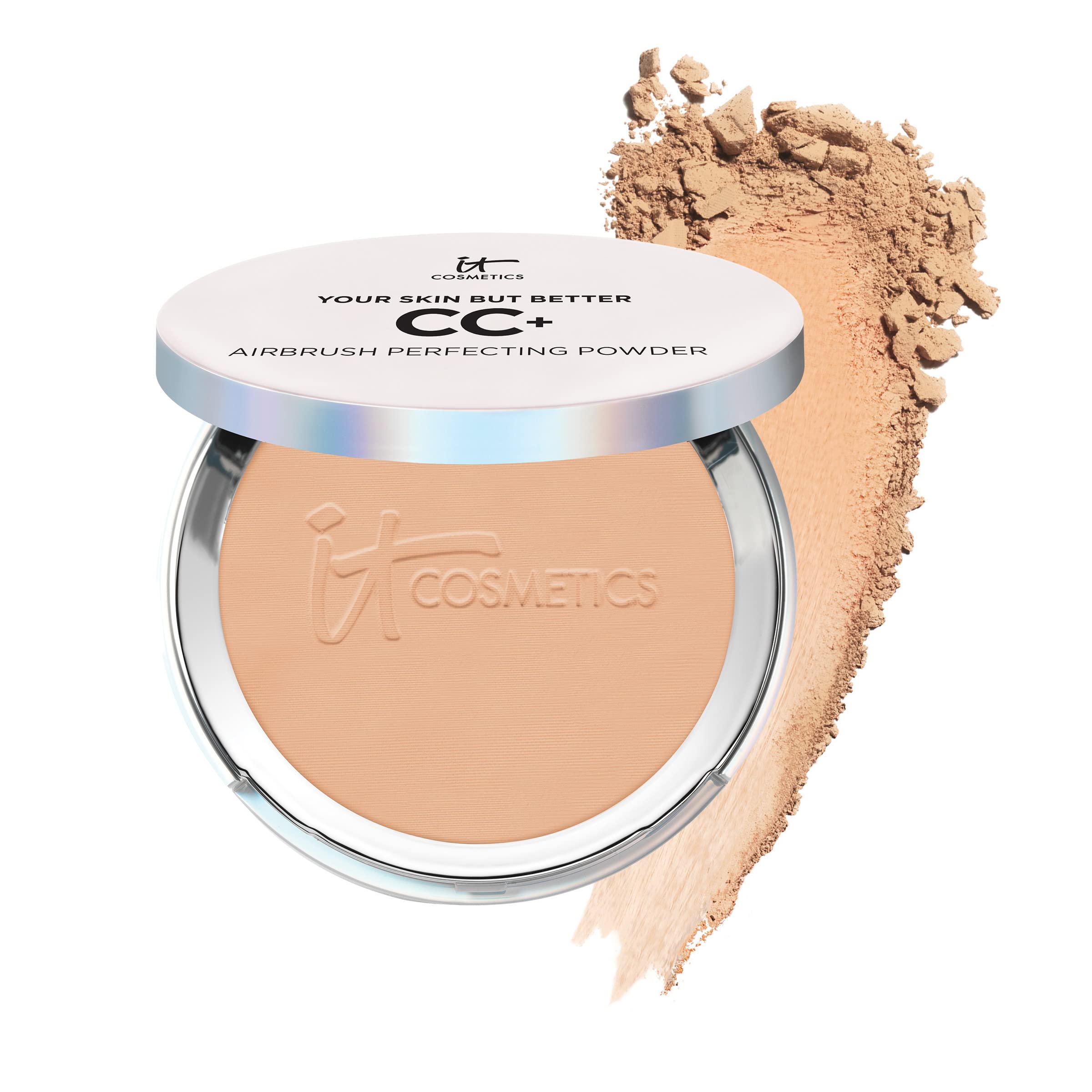 IT Cosmetics CC+ Airbrush Powder compact in Medium Tan for pore-blurring finish.