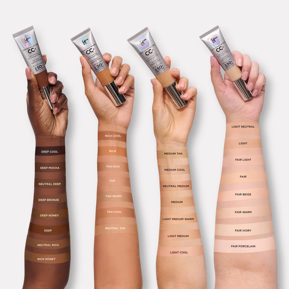 IT Cosmetics CC+ Cream Travel applying on skin demonstrates blendable coverage.