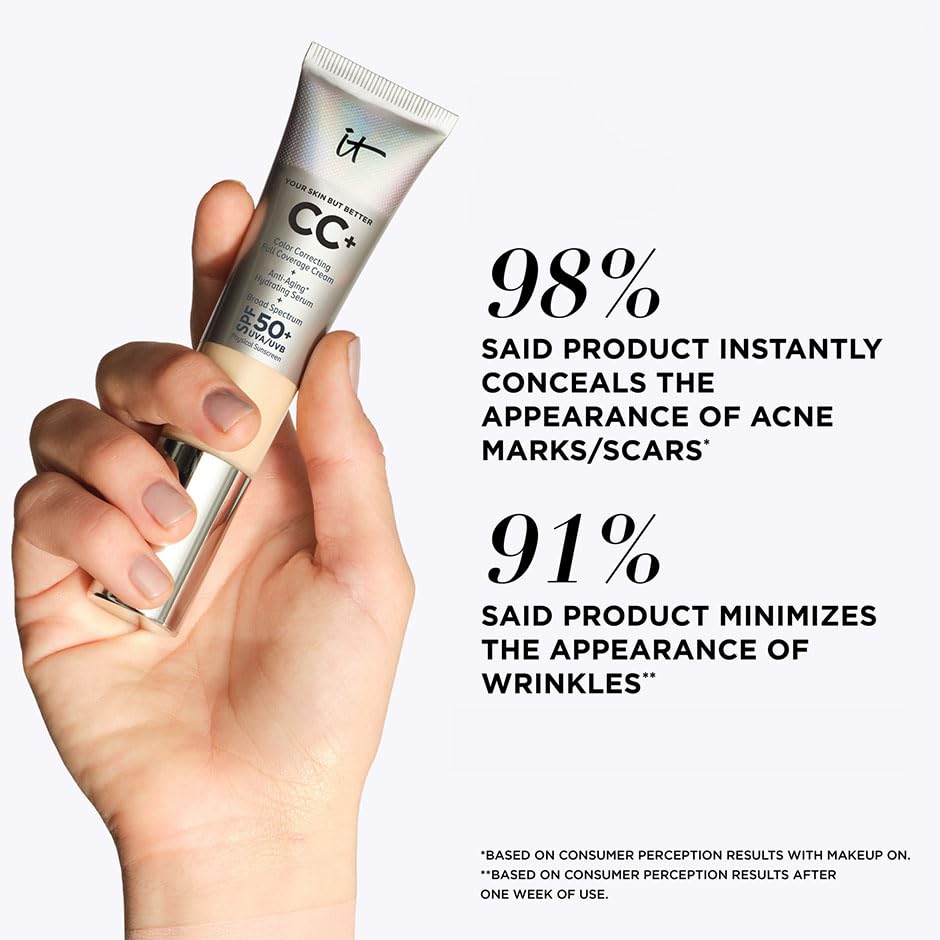 IT Cosmetics CC+ Cream Travel SPF50 graphic emphasizing broad-spectrum protection.