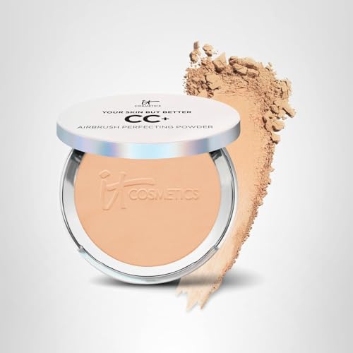 IT Cosmetics CC+ Airbrush powder on face for airbrushed look.