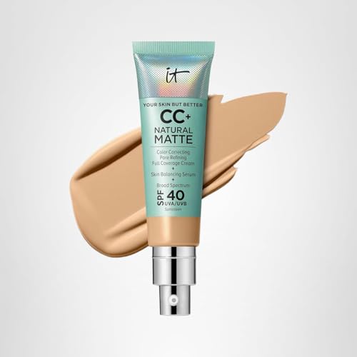 IT Cosmetics CC+ Cream Natural Matte Medium Tan setup with product and shade label.