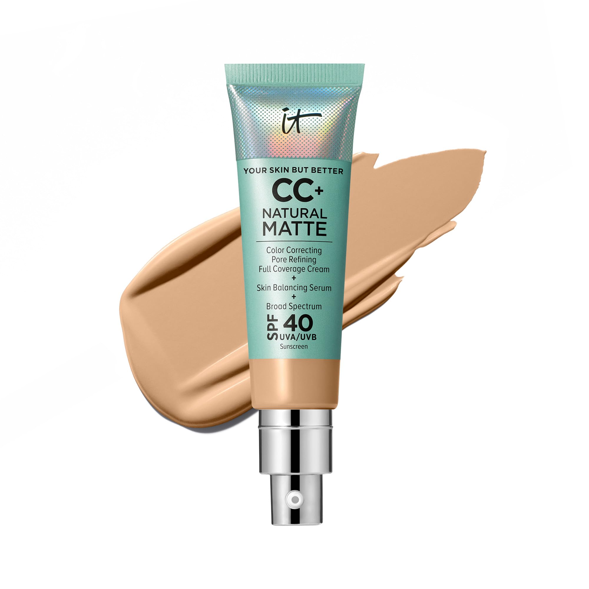 IT Cosmetics CC+ Cream Natural Matte Medium Tan bottle with SPF 40 for all-day shine control.
