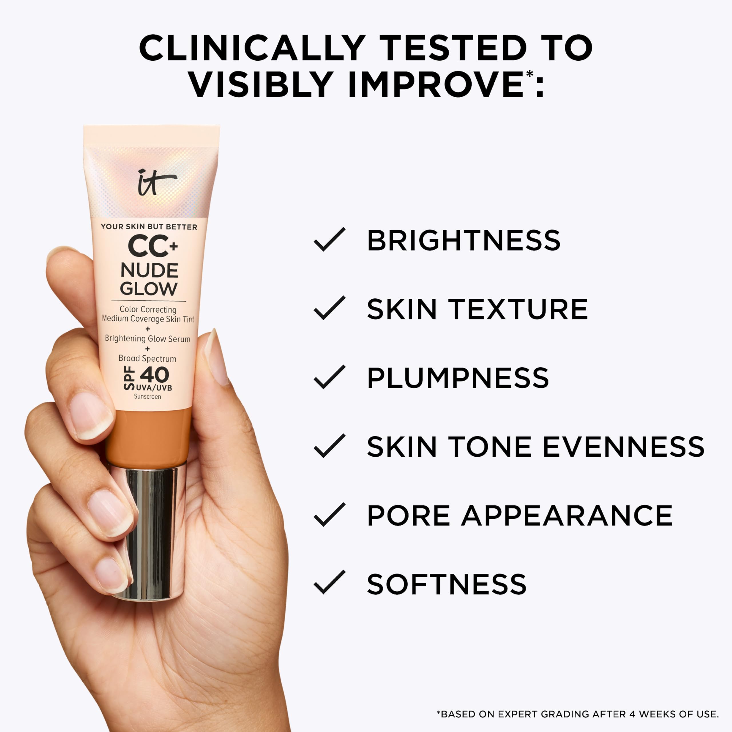 IT Cosmetics CC+ Nude Glow bottle highlights brightening serum and SPF 40 protection.