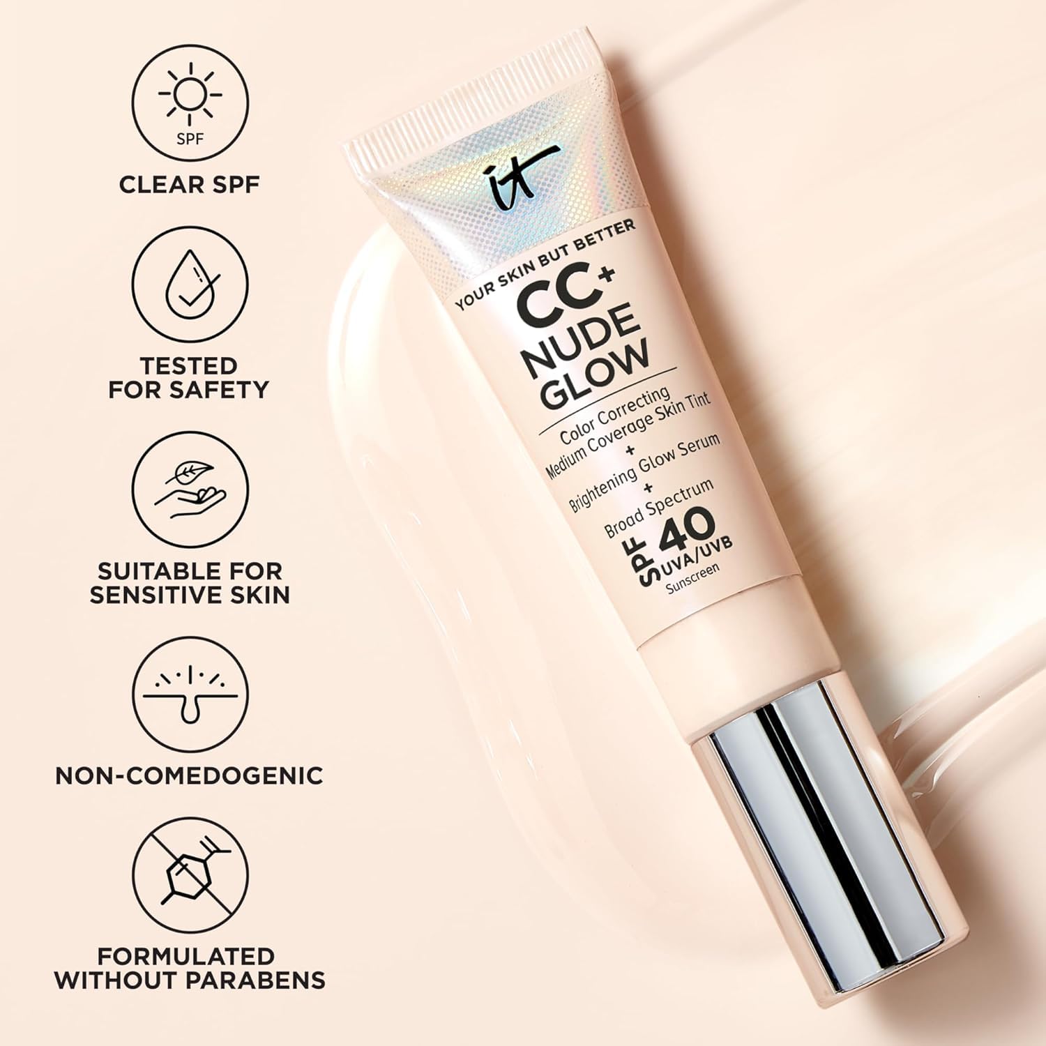 IT Cosmetics CC+ Nude Glow talc-free formula shown in texture close-up.