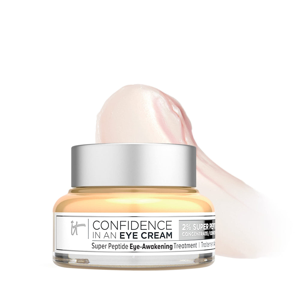 IT Cosmetics Confidence in an Eye Cream bottle close-up for daily hydration.