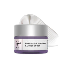 IT Cosmetics Confidence in a Cream Barrier Boost bottle closeup demonstrates long-lasting hydration