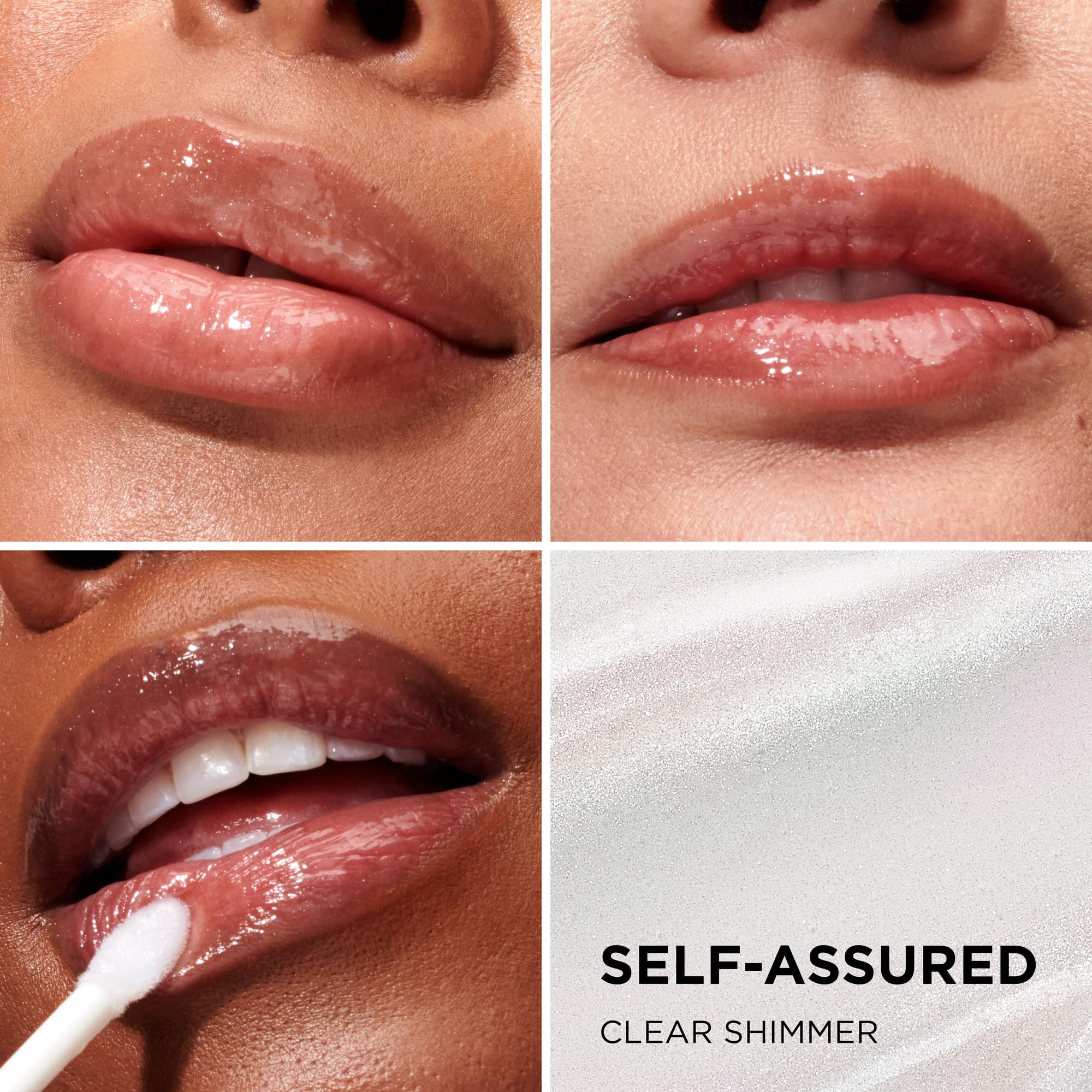 It Cosmetics Confidence in a Serum Lip Gloss clear shimmer lip swatch highlights high-shine finish.