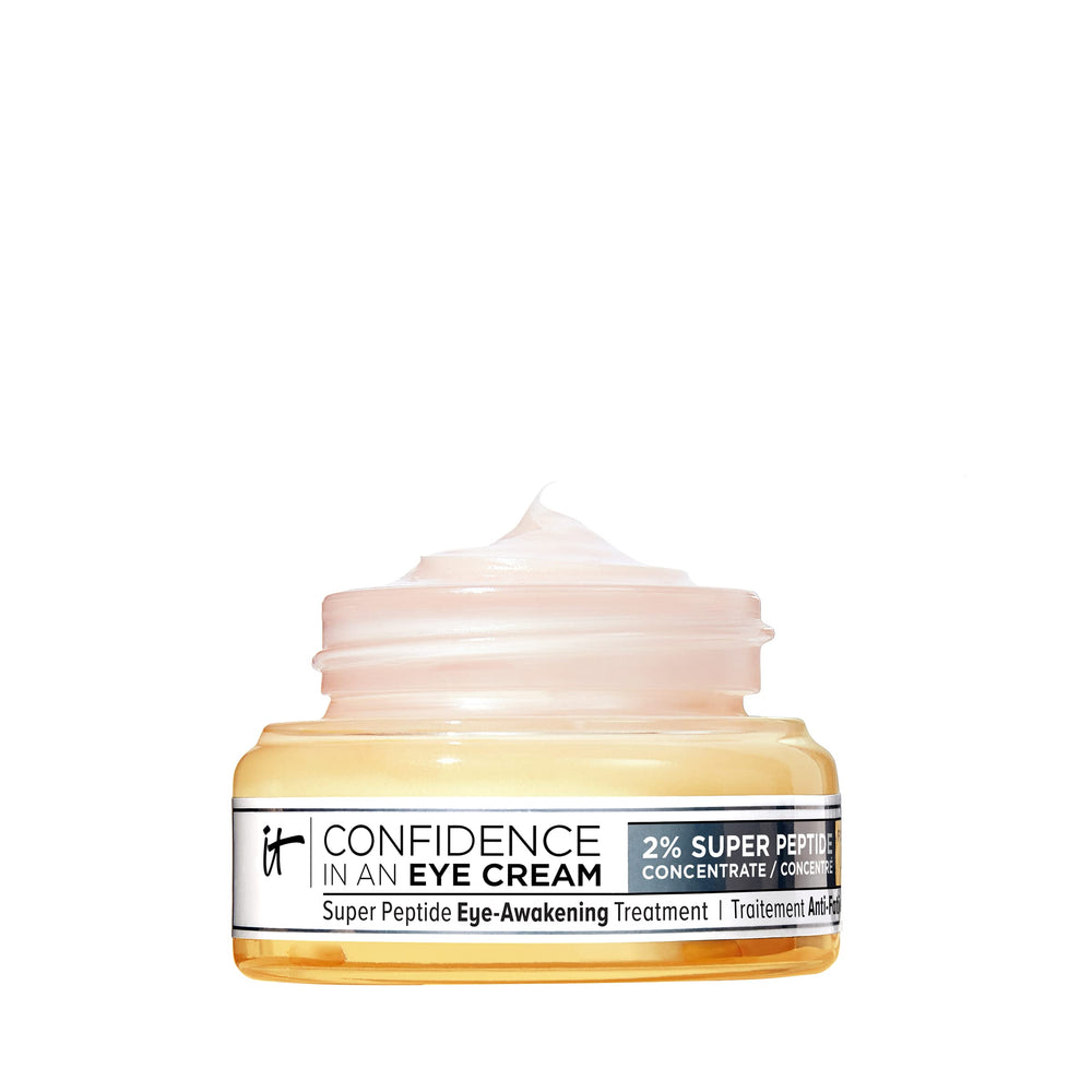 IT Cosmetics Confidence in an Eye Cream tube application highlighting lightweight hydration under the eyes.