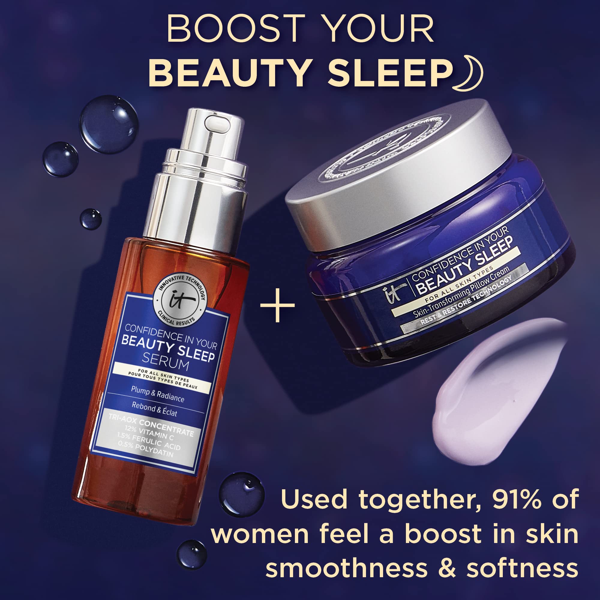 IT Cosmetics Confidence in Your Beauty Sleep bottle with night cream pairing demonstrates layered glow potential