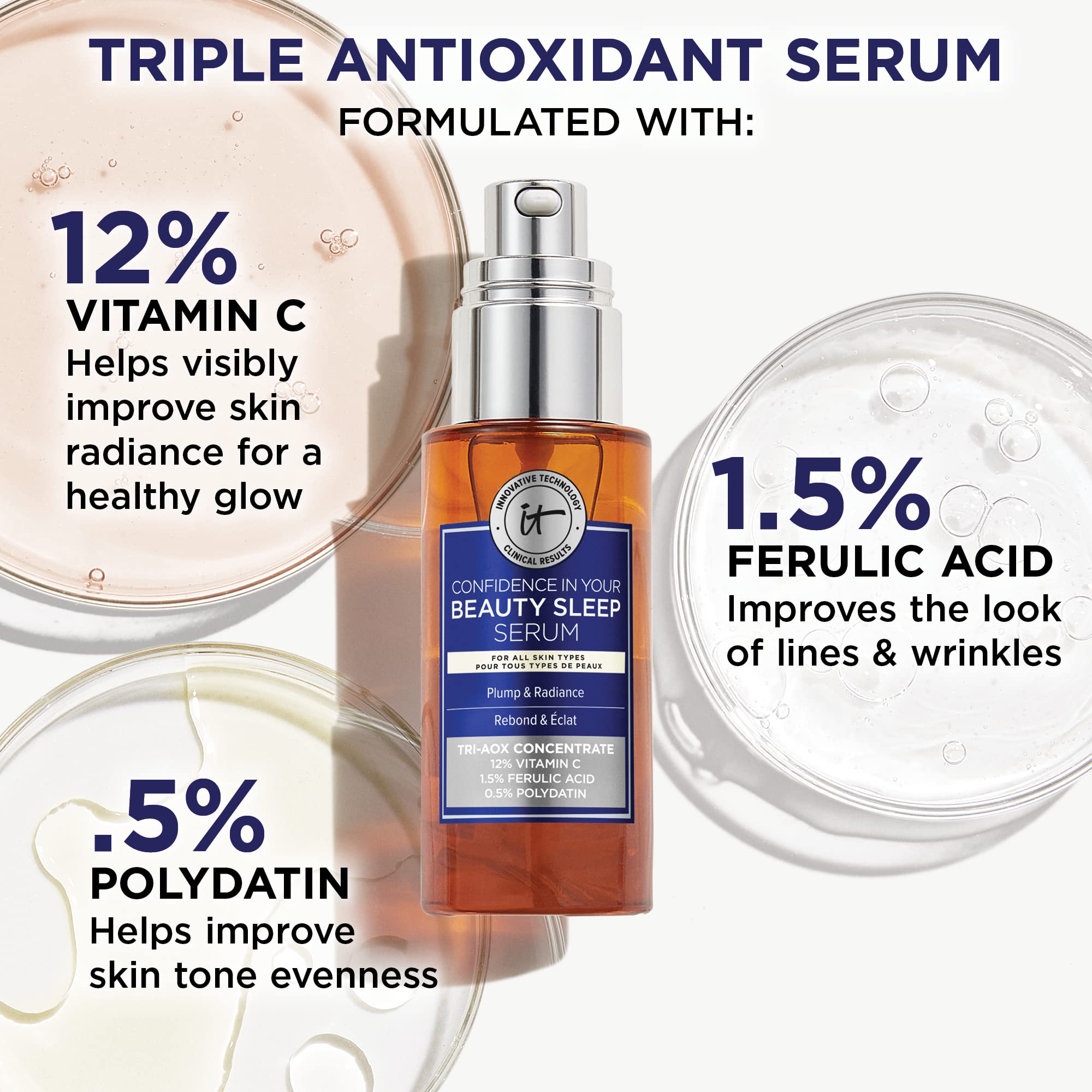 IT Cosmetics Confidence in Your Beauty Sleep ferulic-acid highlight suggests tone-evening benefits