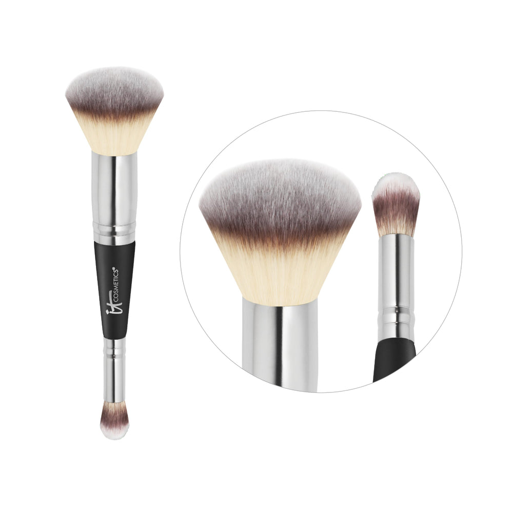 IT Cosmetics Heavenly Luxe Complexion Perfection Brush #7 dual-ended design enables foundation then concealer in one pass.