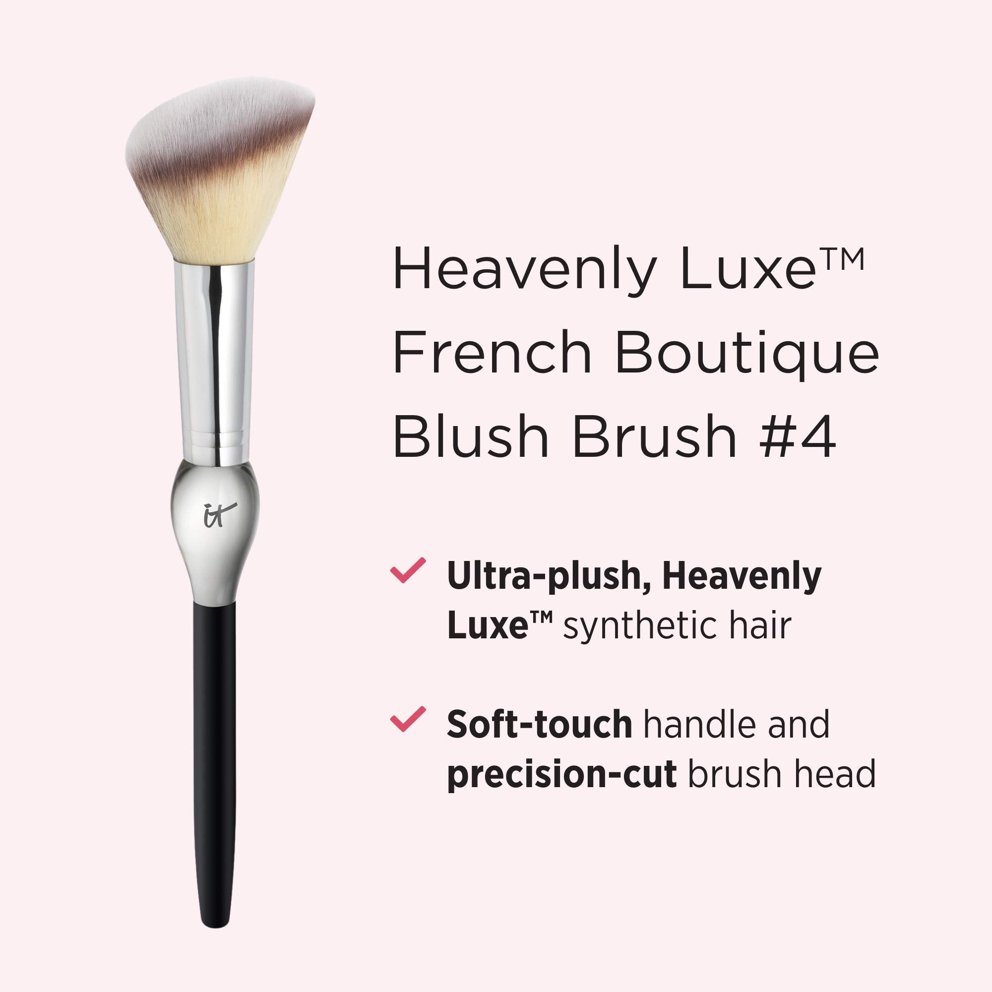 IT Cosmetics Heavenly Luxe blush brush bristle closeup shows ultra-plush synthetic hair for smooth application.