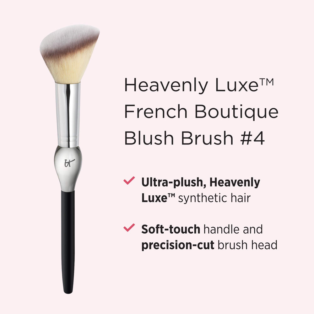 IT Cosmetics Heavenly Luxe blush brush bristle closeup shows ultra-plush synthetic hair for smooth application.