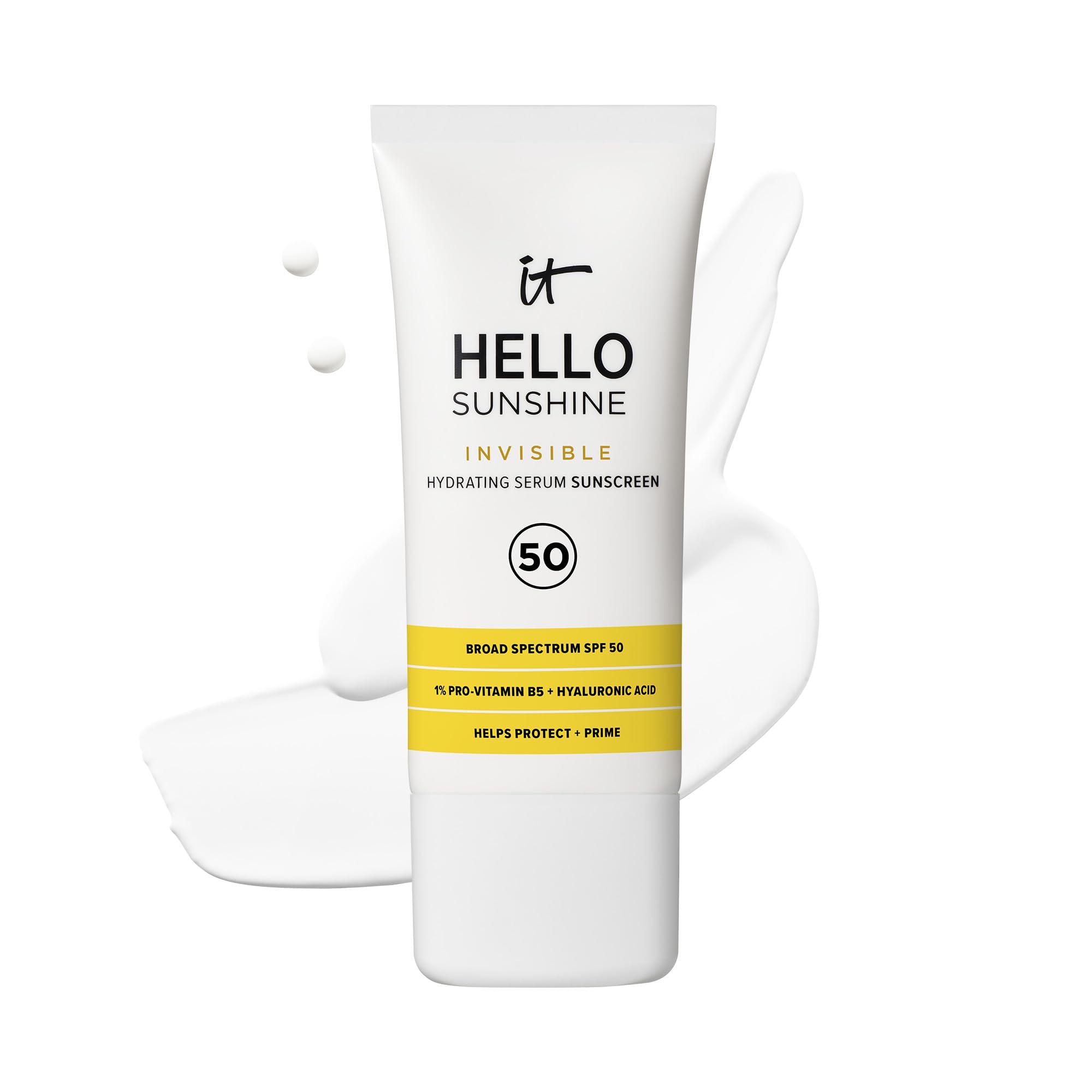 IT Cosmetics Hello Sunshine bottle front showing clear SPF 50 protection for daily wear.