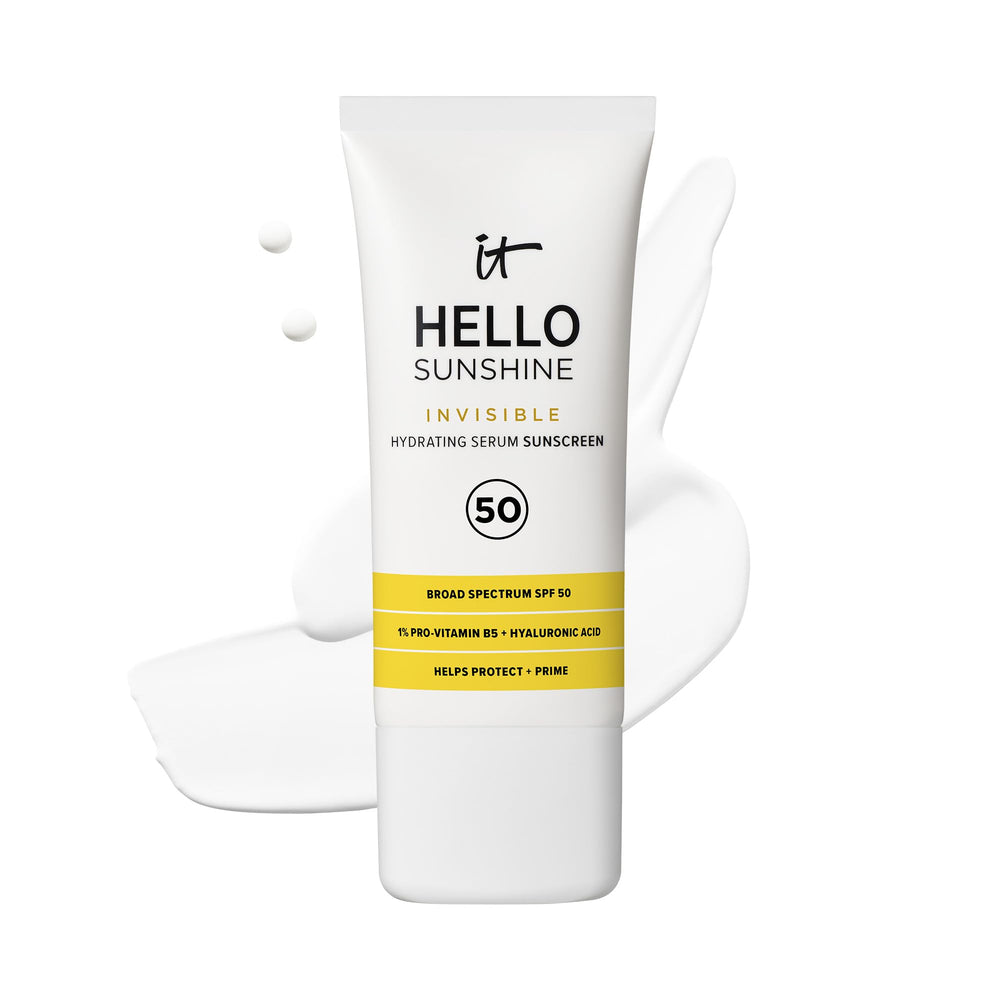 IT Cosmetics Hello Sunshine bottle front showing clear SPF 50 protection for daily wear.