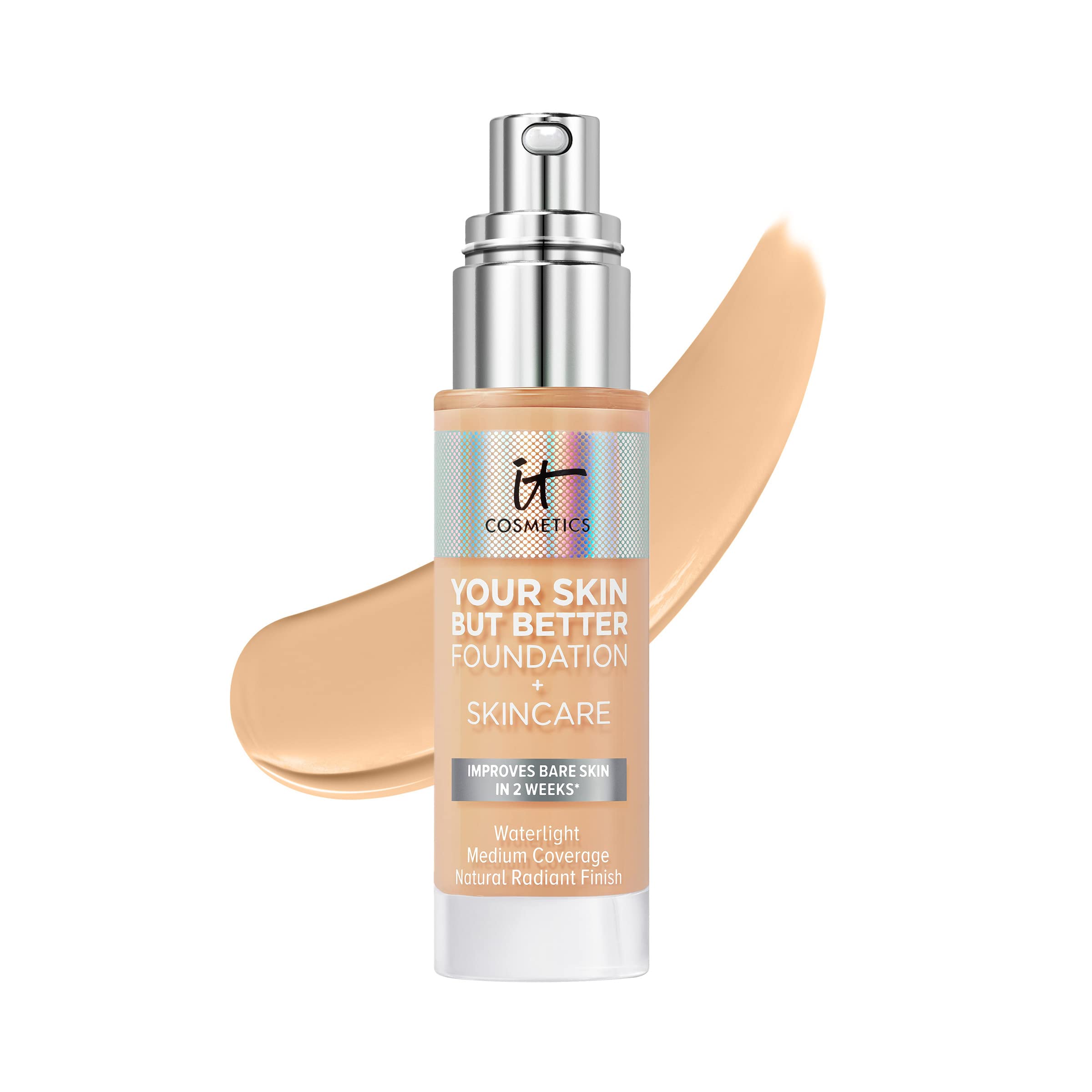 IT Cosmetics Light Warm Foundation bottle pump shows hydrating formula for radiant skin.