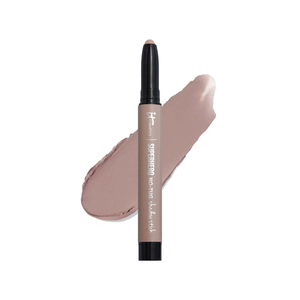 IT Cosmetics No-Tug Waterproof Taupe Cream Eyeshadow Stick closeup cap with creaseless, long-wear color.