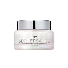 IT Cosmetics Secret Sauce moisturizer packaging highlights vegan formula for sensitive skin comfort.