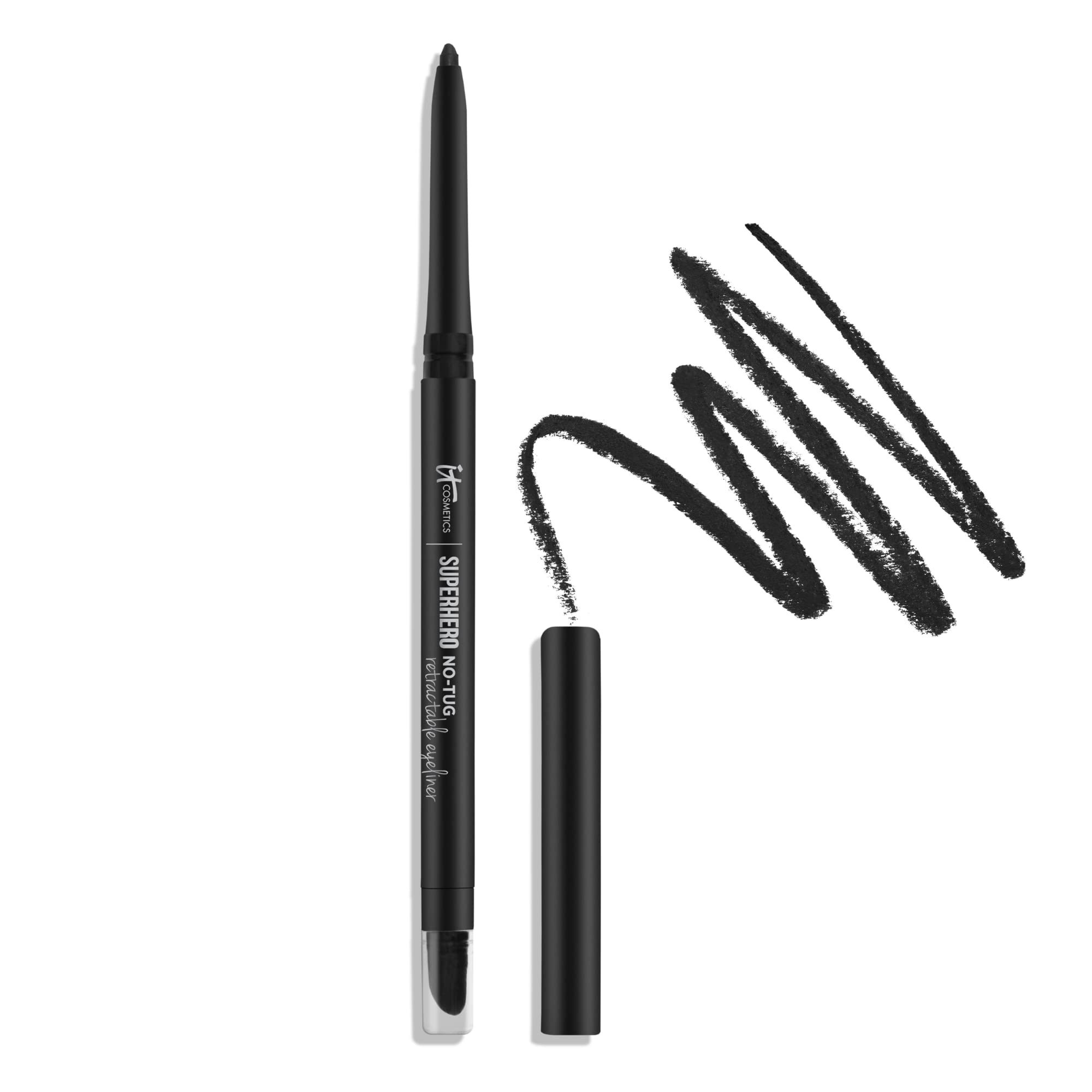 IT Cosmetics Superhero No-Tug Retractable Eyeliner black twist-up application for all-day wear