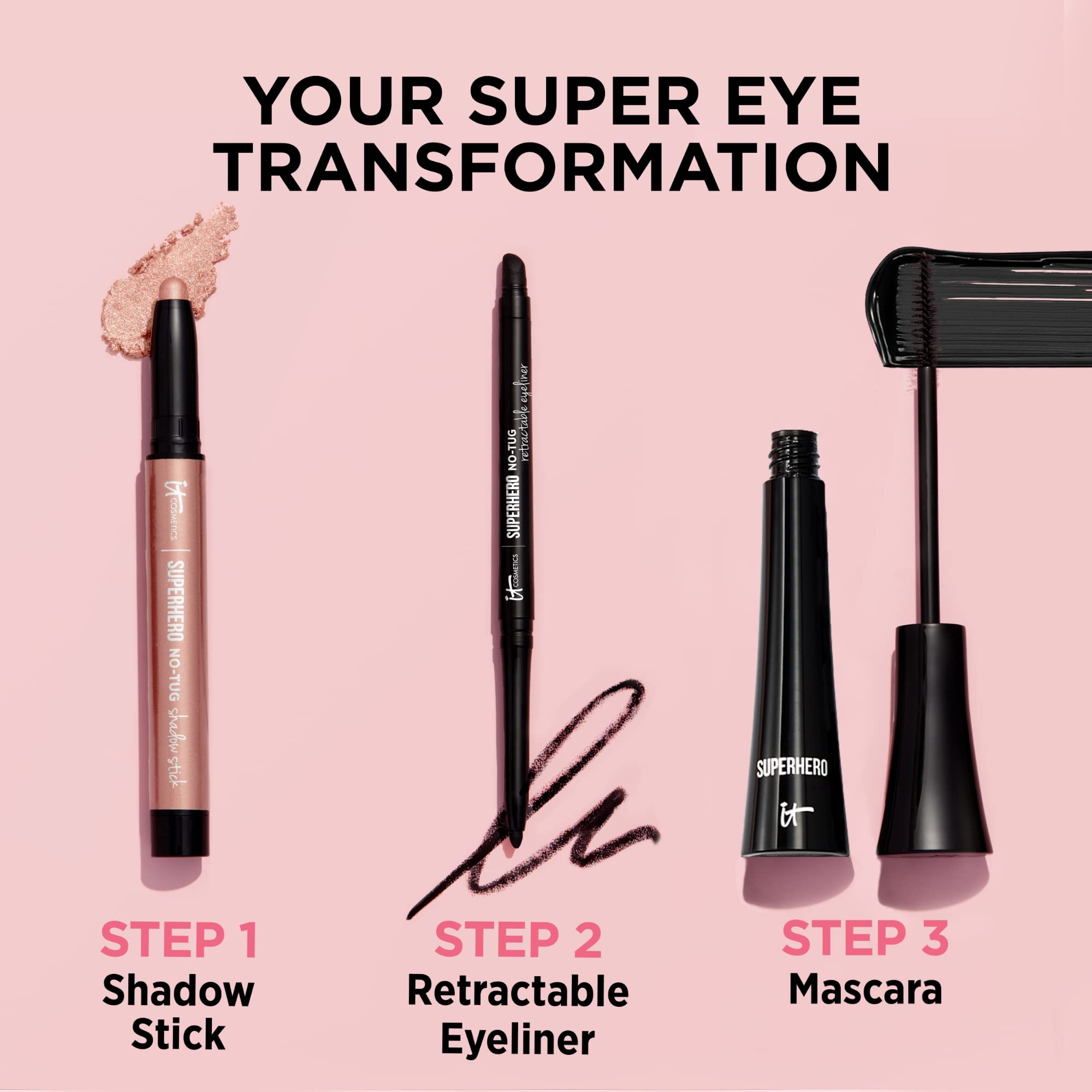 IT Cosmetics Superhero No-Tug Retractable Eyeliner glide closeup captures smooth application on delicate lids