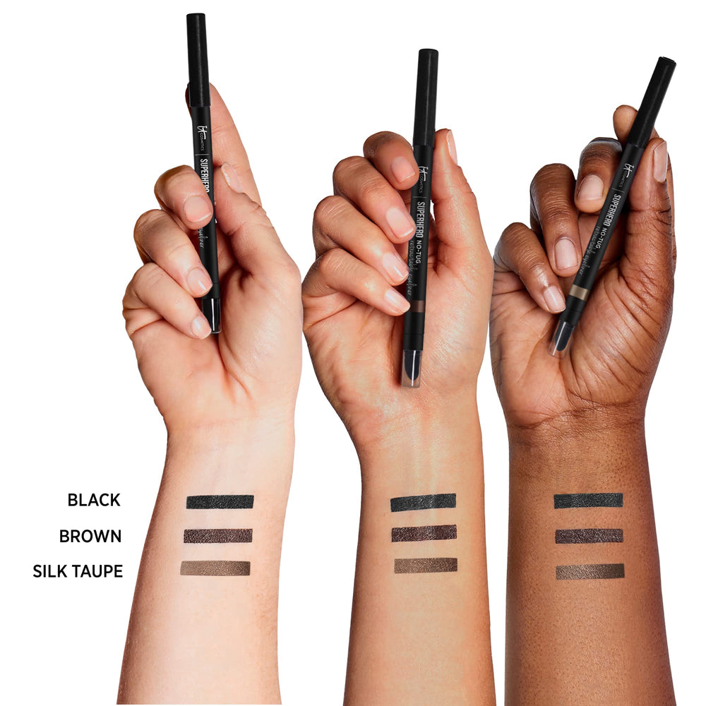IT Cosmetics Superhero No-Tug Retractable Eyeliner packaging shot highlights travel-friendly auto-retractable design