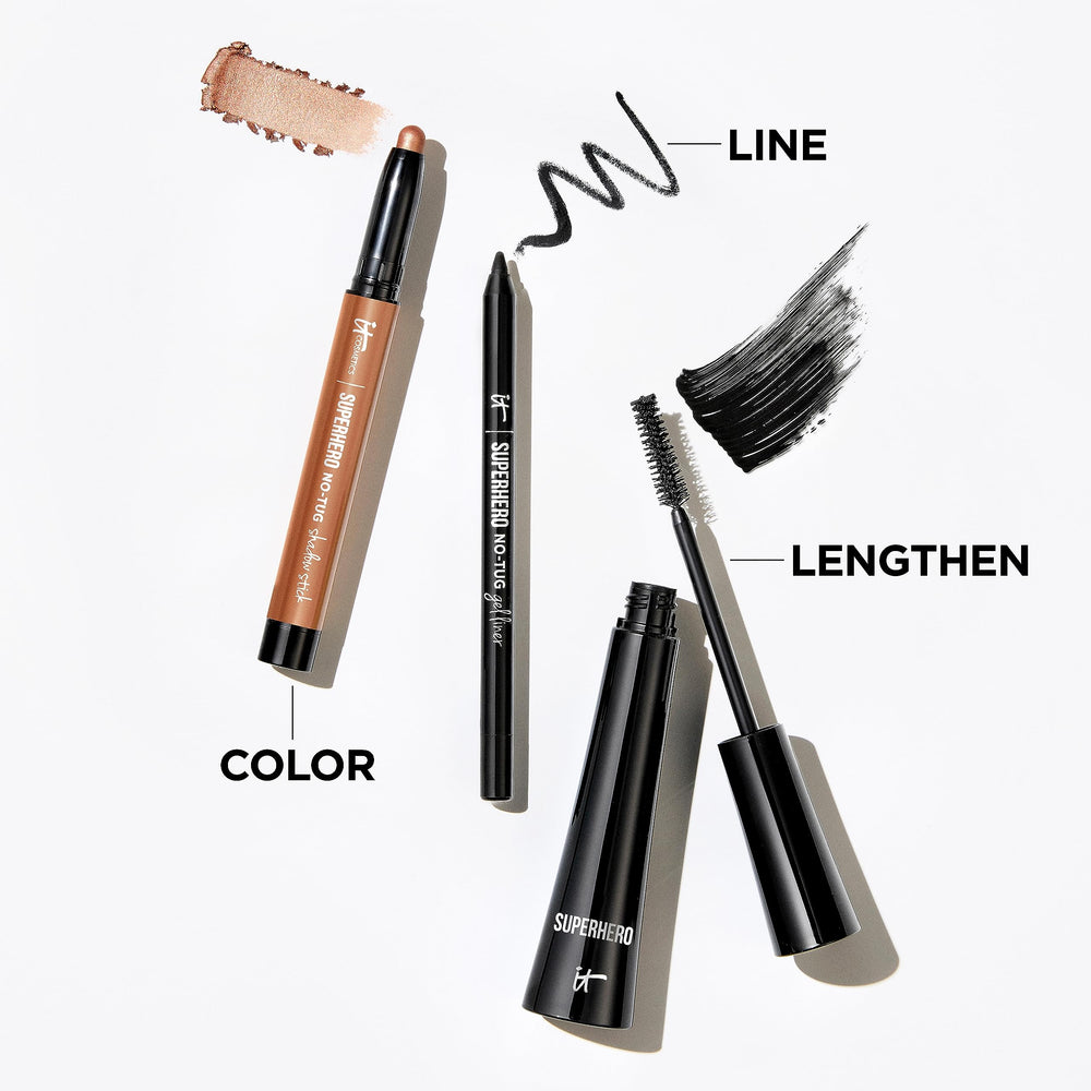 IT Cosmetics Superhero No-Tug Shadow Stick Super Slate applied on eyelid for color payoff.