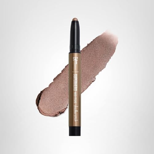 IT Cosmetics Superhero No-Tug Shadow Stick Super Slate packaging-in-use shows compact shading solution.