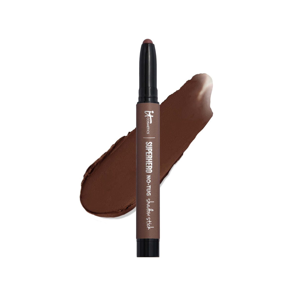 IT Cosmetics Superhero No-Tug Fearless Umber close-up showing crease-free matte brown