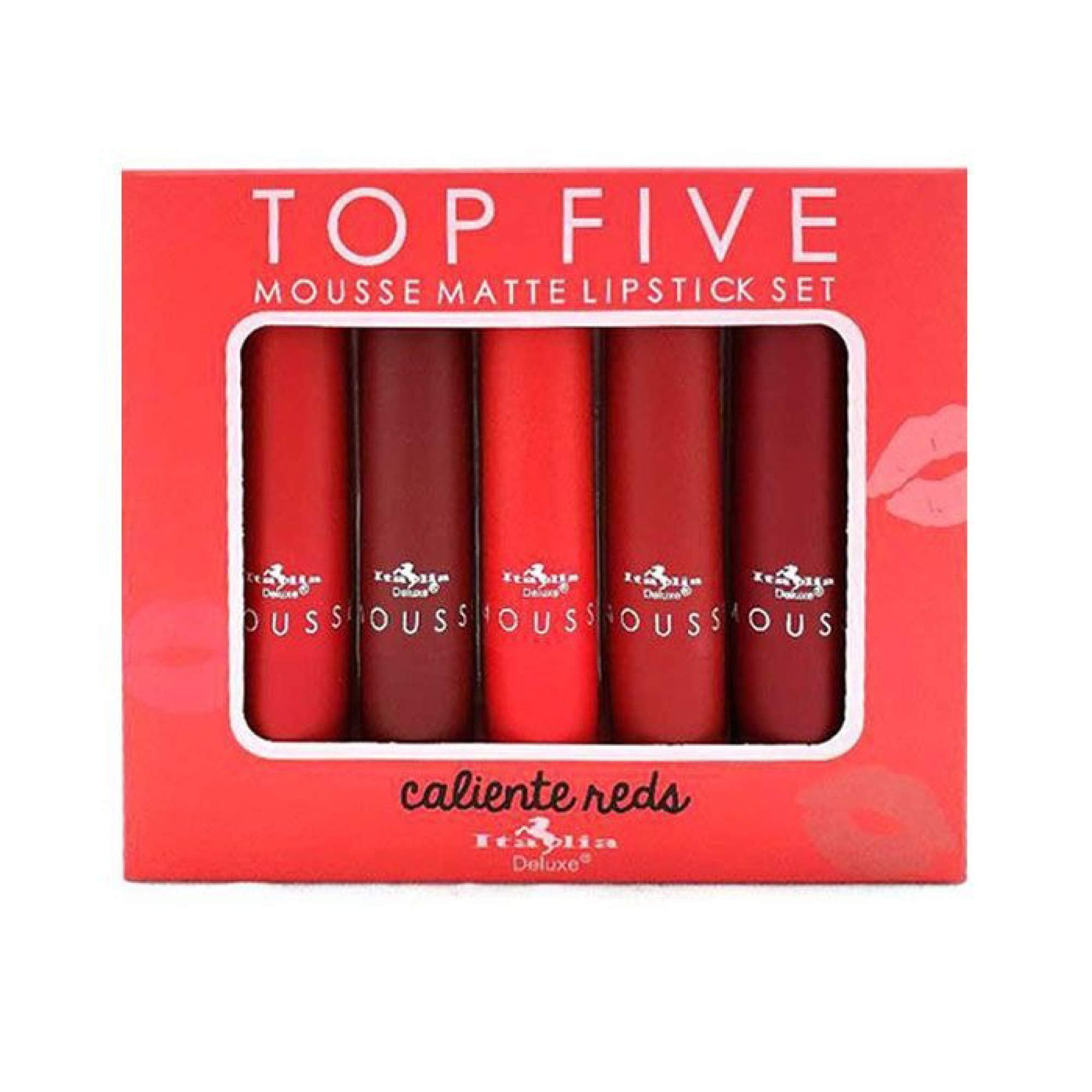 Italia Deluxe Top Five Mousse Matte Lipstick Set calient reds packaging shows bold reds for evening looks