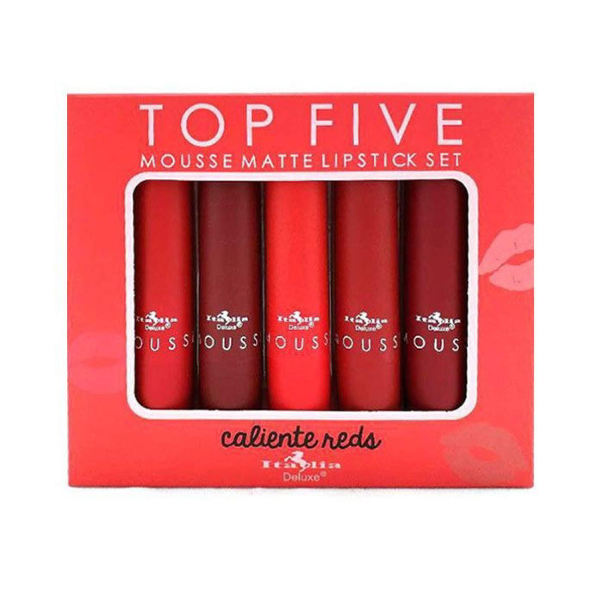 Italia Deluxe Top Five Mousse Matte Lipstick Set calient reds packaging shows bold reds for evening looks