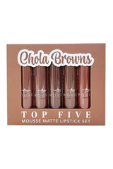Italia Deluxe Top Five Mousse Matte Lipstick Set swatches show the color range.