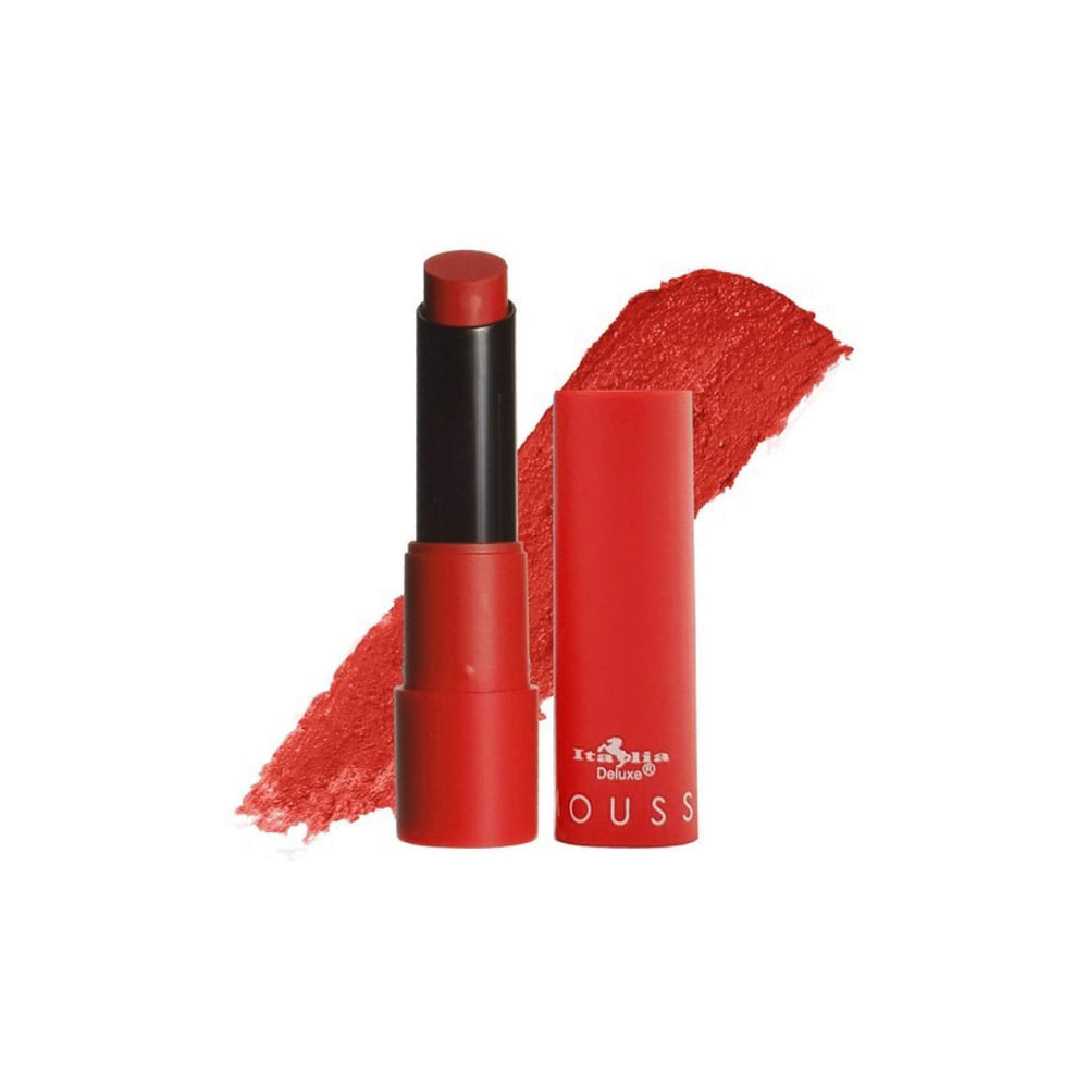 Italia Deluxe Top Five Mousse Matte Lipstick Lovelace swatch offers classic red shade with long wearing vibes